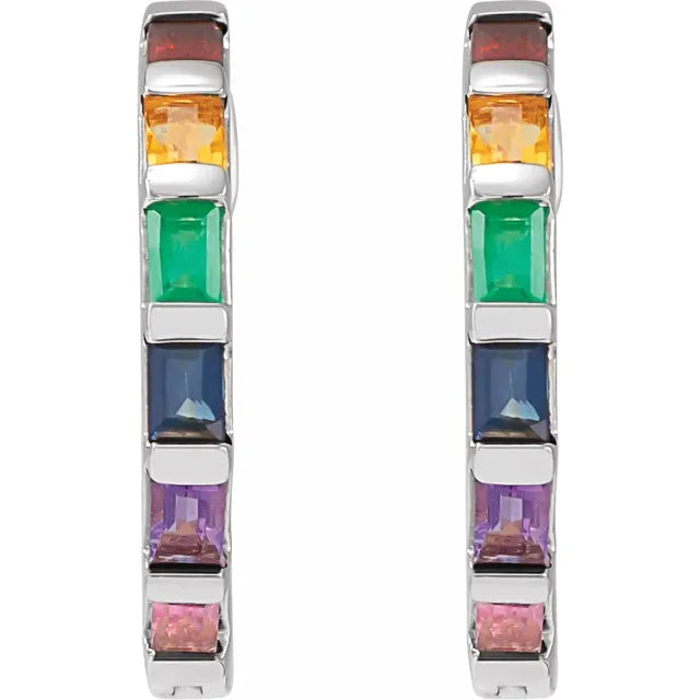 Baguette Natural Multi Gemstone Rainbow Hoop Earrings in 14K White Gold Front Facing
