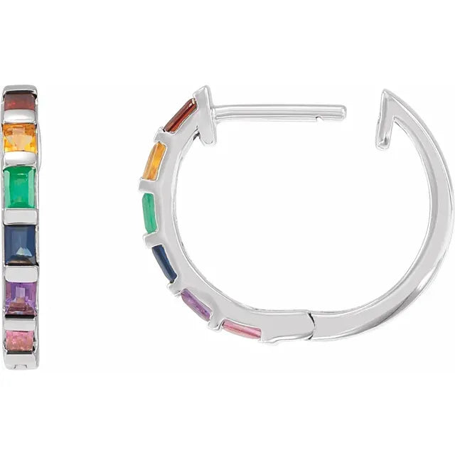 Baguette Natural Multi Gemstone Rainbow Hoop Earrings in 14K White Gold Open View