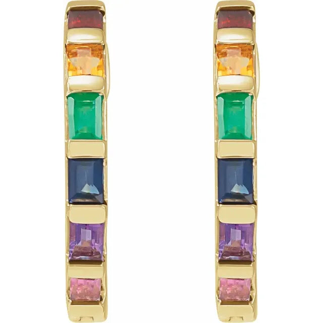 Baguette Natural Multi Gemstone Rainbow Hoop Earrings in 14K Yellow Gold Front View