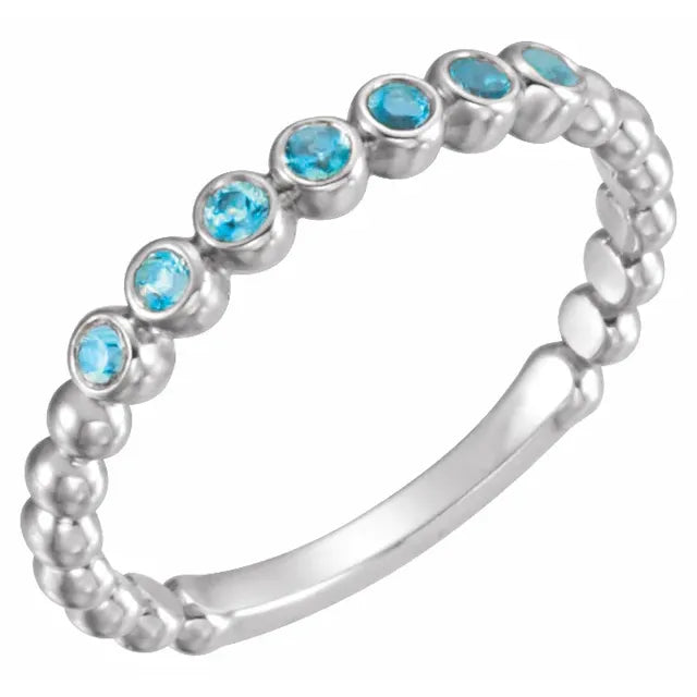 Bezel-Set Natural Blue Zircon Bead Detail Stackable Ring in 14K White Gold 