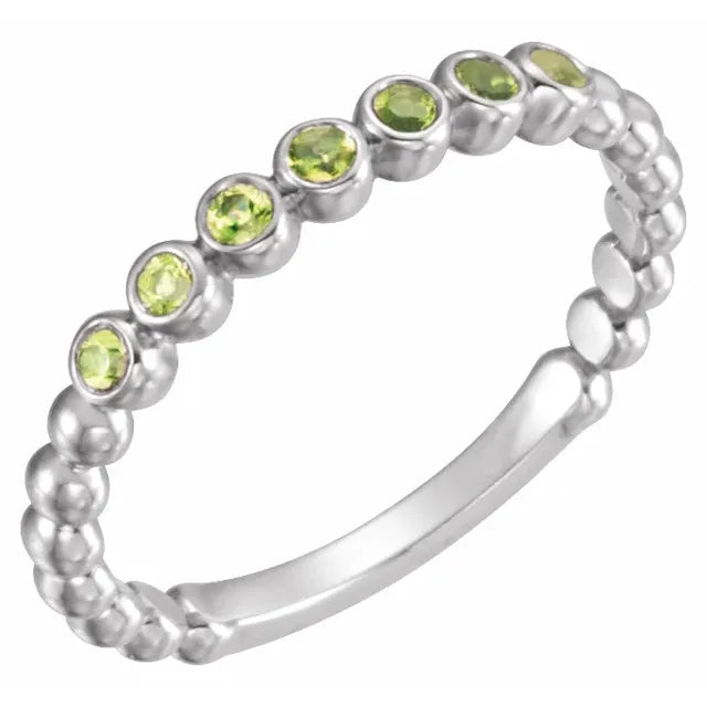 Bezel-Set Natural Peridot Bead Detail Stackable Ring in 14K White Gold 