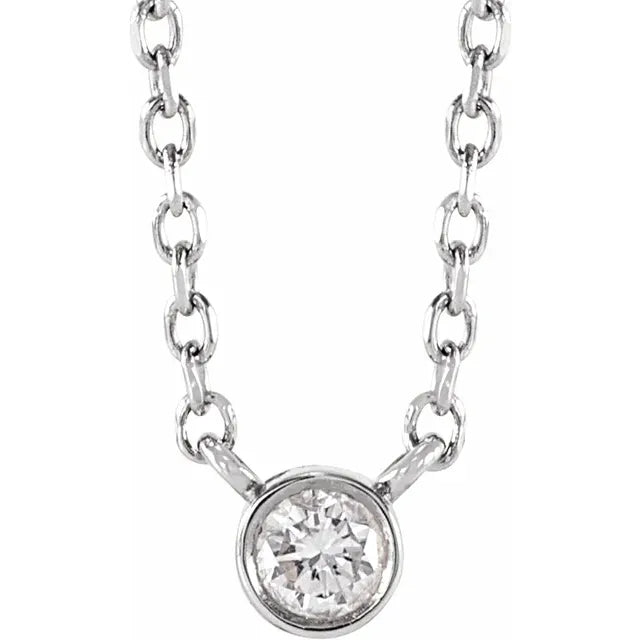 3.0 MM Natural Bezel-Set Diamond 1/10 CTW Solitaire Adjustable Necklace in 14K White Gold or Sterling Silver