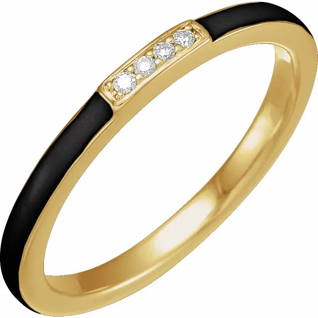 Black Enamel & Natural Diamond Stackable Ring in 14K Yellow White or Rose Gold