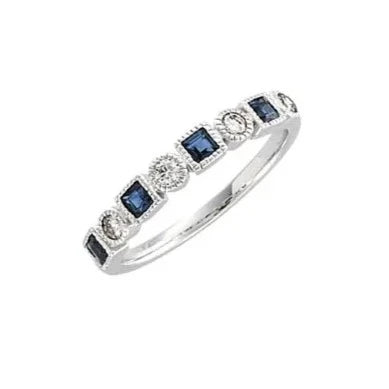 Blue Sapphire and Natural Diamond Anniversary Band Stacking Ring 14K White Gold