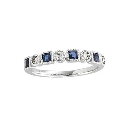 Blue Sapphire and Natural Diamond Anniversary Band Stacking Ring in 14K White Gold 