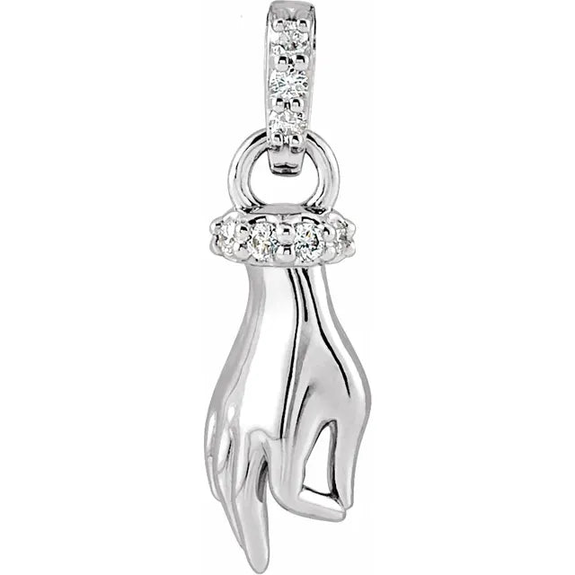 Good Karma Hand of Buddha Natural Diamond Pendant Charm in 14K White Gold or Sterling Silver
