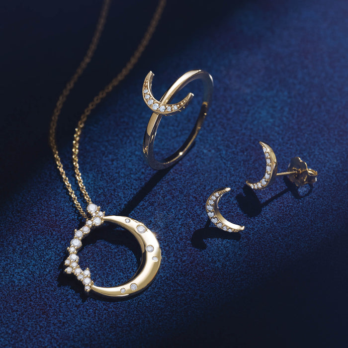 Celestial Crescent Moon Diamond Ring, Necklace and Earrings in 14K Yellow Gold 