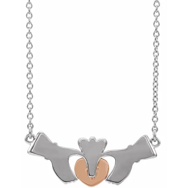 Claddagh Celtic Necklace Solid 14K White & Rose Gold Back View