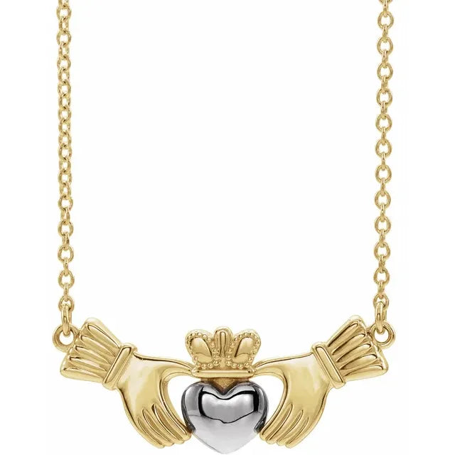 Claddagh Celtic Necklace Solid 14K Yellow & White Gold 