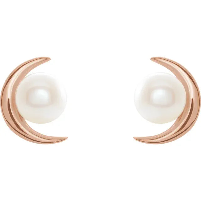 Freshwater Cultured Pearl Crescent Moon Earrings 14K Rose Gold
