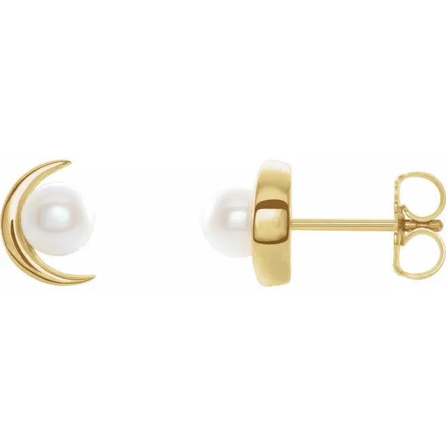 Freshwater Cultured Pearl Crescent Moon Earrings 14K Yellow Gold