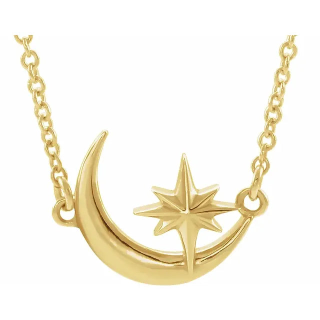 Crescent Moon & Star Adjustable Necklace 14K Yellow Gold