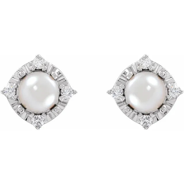 Luxe Wear Everyday™ Halo Style Birthstone Cultured Freshwater Pearls & Natural Diamond Stud Earrings Sterling Silver