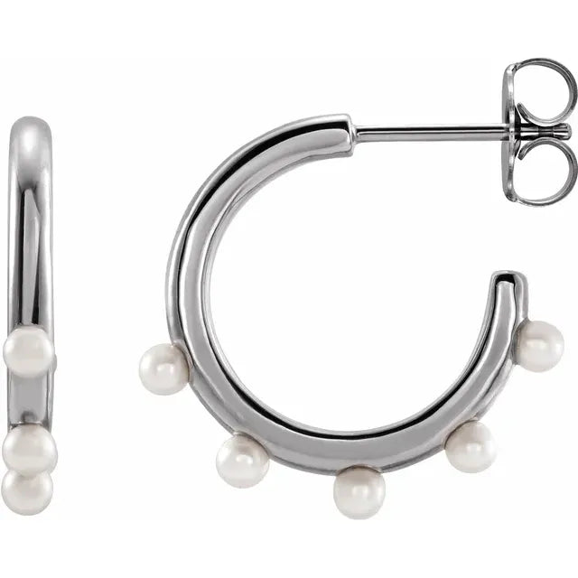 Cultured Pearl Hoop Earrings in 14K White Gold or Sterling Silver 