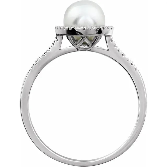 Round Statement Birthstone Cultured Freshwater White Pearl & Diamond Halo Style Sterling Silver Ring