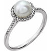 Round Statement Birthstone Cultured Freshwater White Pearl & Diamond Halo Style Sterling Silver Ring