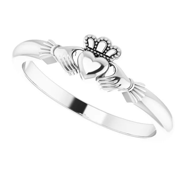 Claddagh Celtic Love Friendship Ring Solid 14K White Gold or Sterling Silver