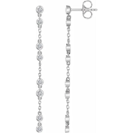 Dangle Drop Chain Natural Diamond Earrings Solid 14K White Gold 