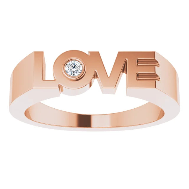 Diamond solitaire LOVE Block Style Ring in 14K Rose Gold 