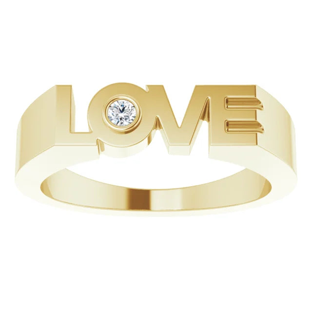 Diamond solitaire LOVE Block Style Ring in 14K Yellow Gold 