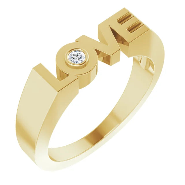 Diamond solitaire LOVE Block Style Ring in 14K Yellow Gold 
