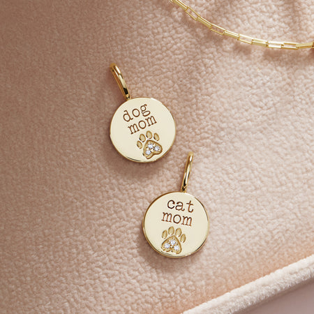 Dog Mom and Cat Mom Diamond Engraved Paw Print Charm Pendants in Solid 14 Solid Gold 