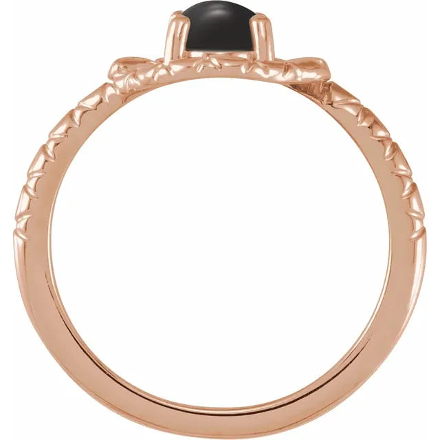 Double Snake Natural Onyx Egg Ring in Solid 14K Rose Gold 