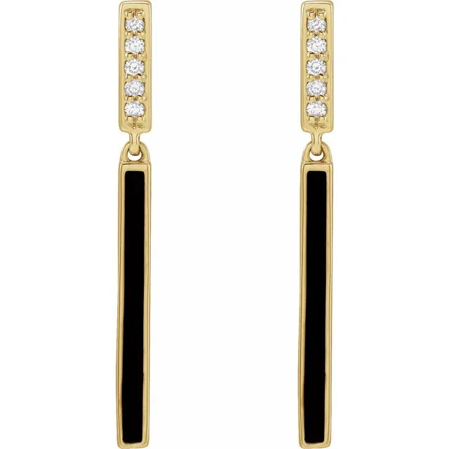 Enamel Black Natural Diamond Dangle Earrings 14K Yellow Gold