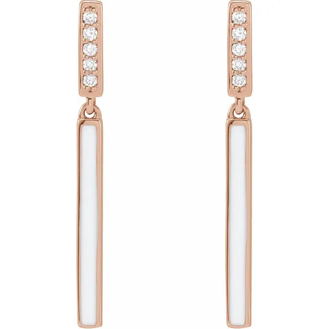 Enamel White Natural Diamond Dangle Earrings 14K Rose Gold