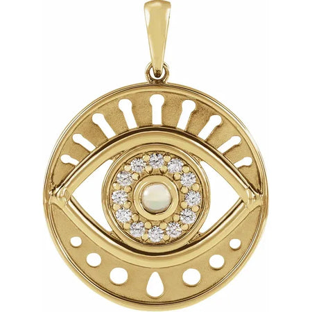 Evil Eye Natural White Ethiopian Opal & Diamond Charm Pendant Solid 14K Yellow Gold 
