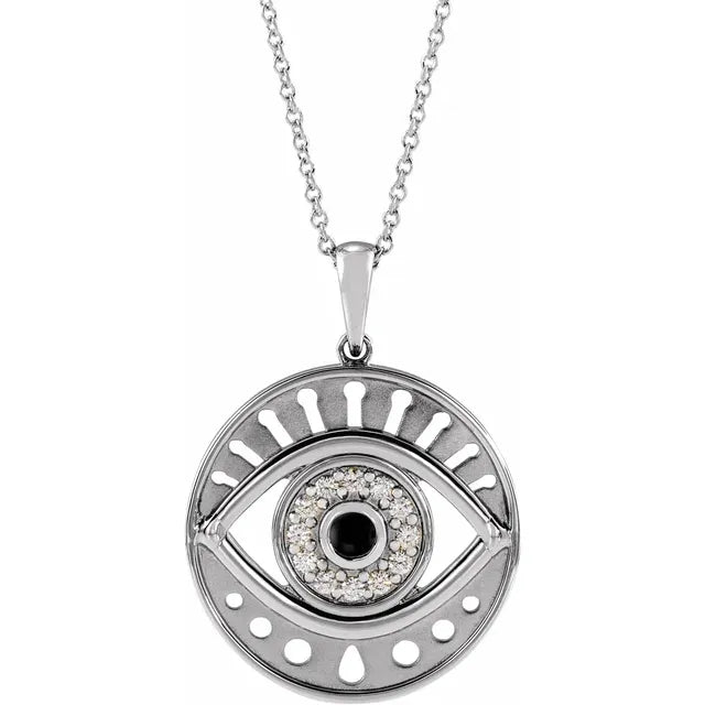 Evil Eye Natural Onyx & Diamond Charm Pendant Necklace Solid 14K White Gold or Sterling Silver
