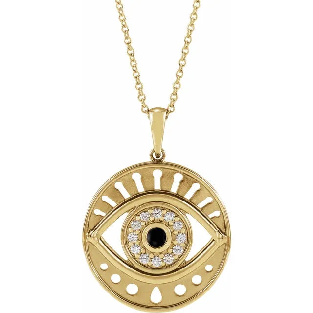 Evil Eye Natural Onyx & Diamond Charm Pendant Necklace Solid 14K Yellow Gold 