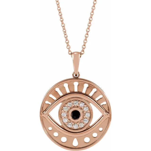 Evil Eye Natural Onyx & Diamond Charm Pendant Necklace Solid 14K Rose Gold 