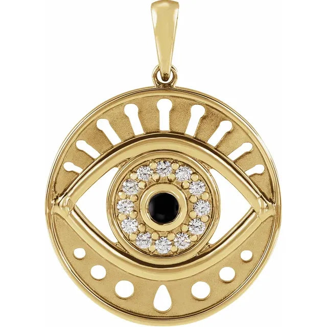 Evil Eye Natural Onyx & Diamond Charm Pendant Solid 14K Yellow Gold 
