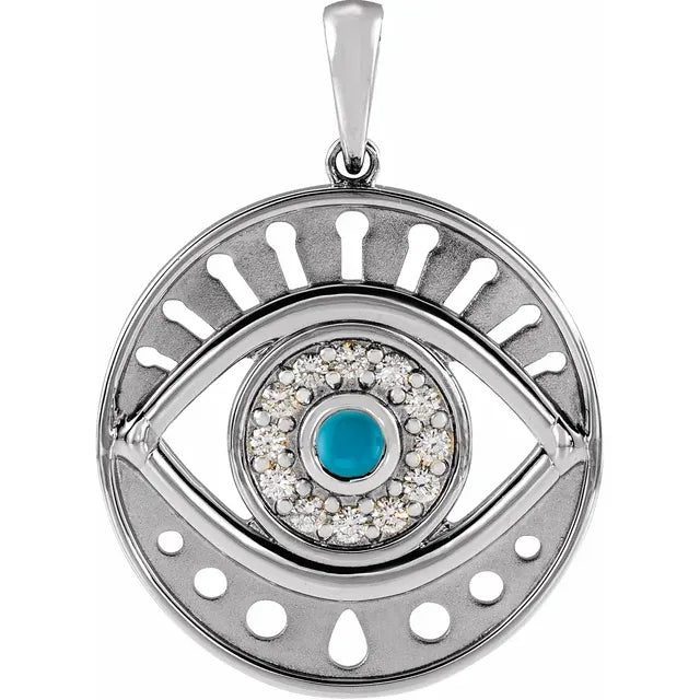 Evil Eye Natural Turquoise & Diamond Charm Pendant Solid 14K White Gold or Sterling Silver