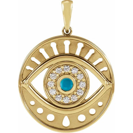 Evil Eye Natural Turquoise & Diamond Charm Pendant Solid 14K Yellow Gold 