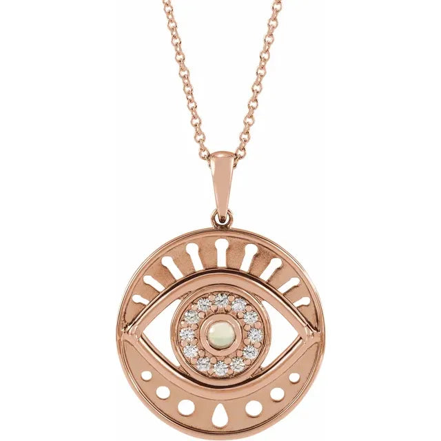 Evil Eye Natural White Ethiopian Opal & Diamond Charm Pendant Necklace Solid 14K Rose Gold 