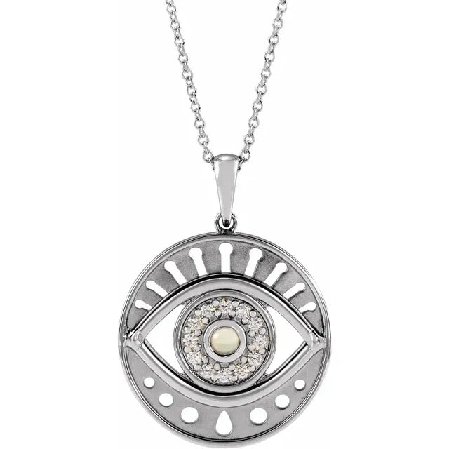 Evil Eye Natural White Ethiopian Opal & Diamond Charm Pendant Necklace Solid 14K White Gold or Sterling Silver
