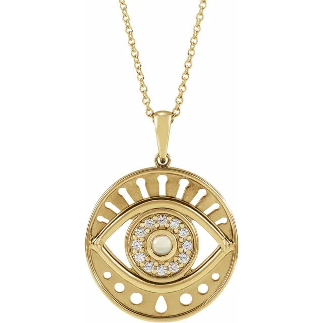 Evil Eye Natural White Ethiopian Opal & Diamond Charm Pendant Necklace Solid 14K Yellow Gold 