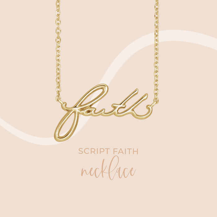 Faith Script Necklace in 14K Yellow Gold on Pink Background
