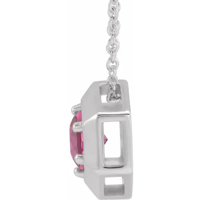 Geometric Natural Pink Tourmaline Adjustable 16-18" Necklace in 14K White Gold, Platinum or Sterling Silver