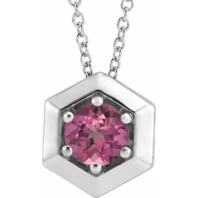 Geometric Natural Pink Tourmaline Adjustable 16-18" Necklace in 14K White Gold, Platinum or Sterling Silver