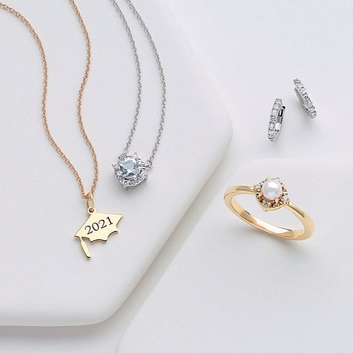 Luxe Wear Everyday™ Halo Style Birthstone Aquamarine & Natural Diamond Necklace Sterling Silver & Ring in Yellow Gold 