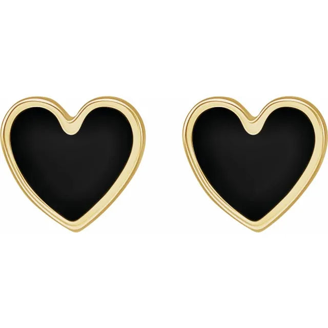 Black Enamel Heart Stud Earrings in 14K Yellow Gold