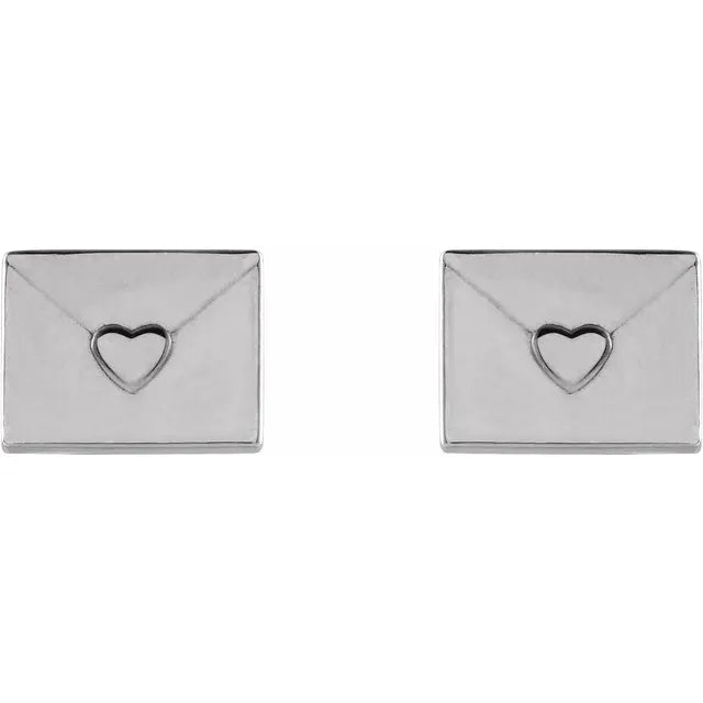 Heart Envelope Stud Earrings in 14K White Gold or Sterling Silver 