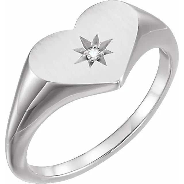 Heart Signet Natural Diamond Ring in 14K White Gold 
