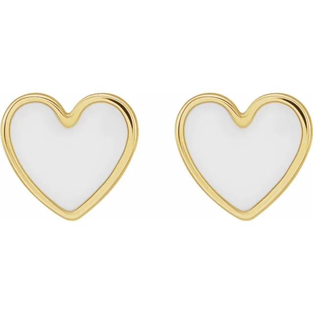 White Enamel Heart Stud Earrings in 14K Yellow Gold