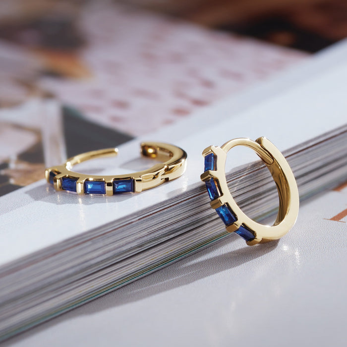 Our Natural Blue Sapphire Hinged Huggie Hoop Earrings in 14K Yellow Gold