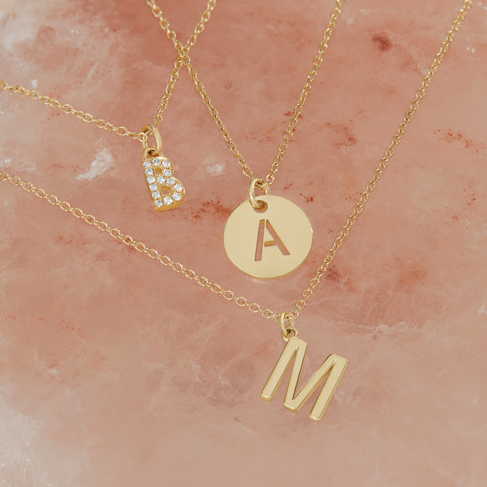 Personalized Initial Disc Pendant Adjustable Necklace Solid 14K Yellow White Rose Gold
