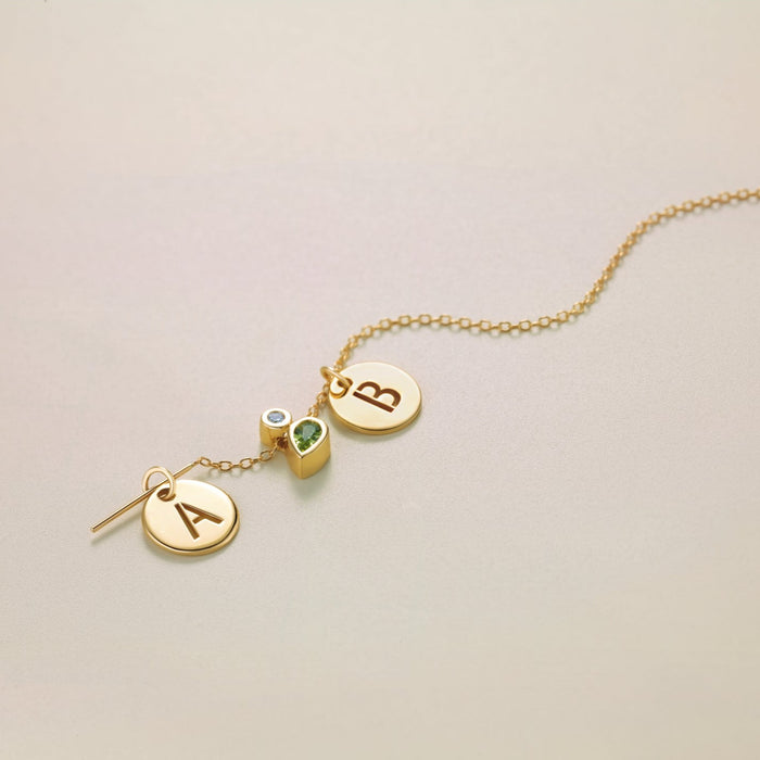 Initial Disc Charm Pendants on Threader Chain in 14K Yellow Gold